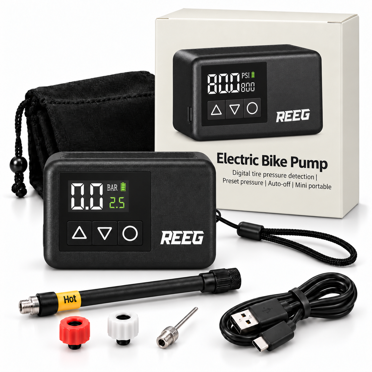 REEG Air Pump MINI – pompka z pudełkiem Electric Bike Pump i akcesoriami