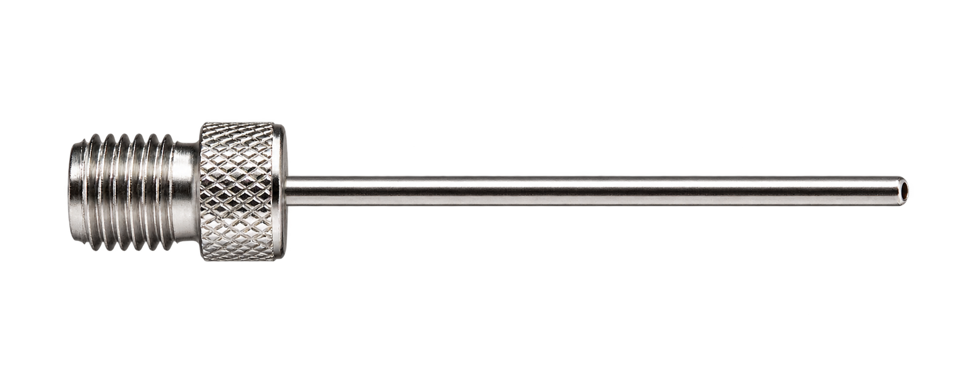 Igła do piłek z metalową, gwintowaną podstawą i cienką rurką.