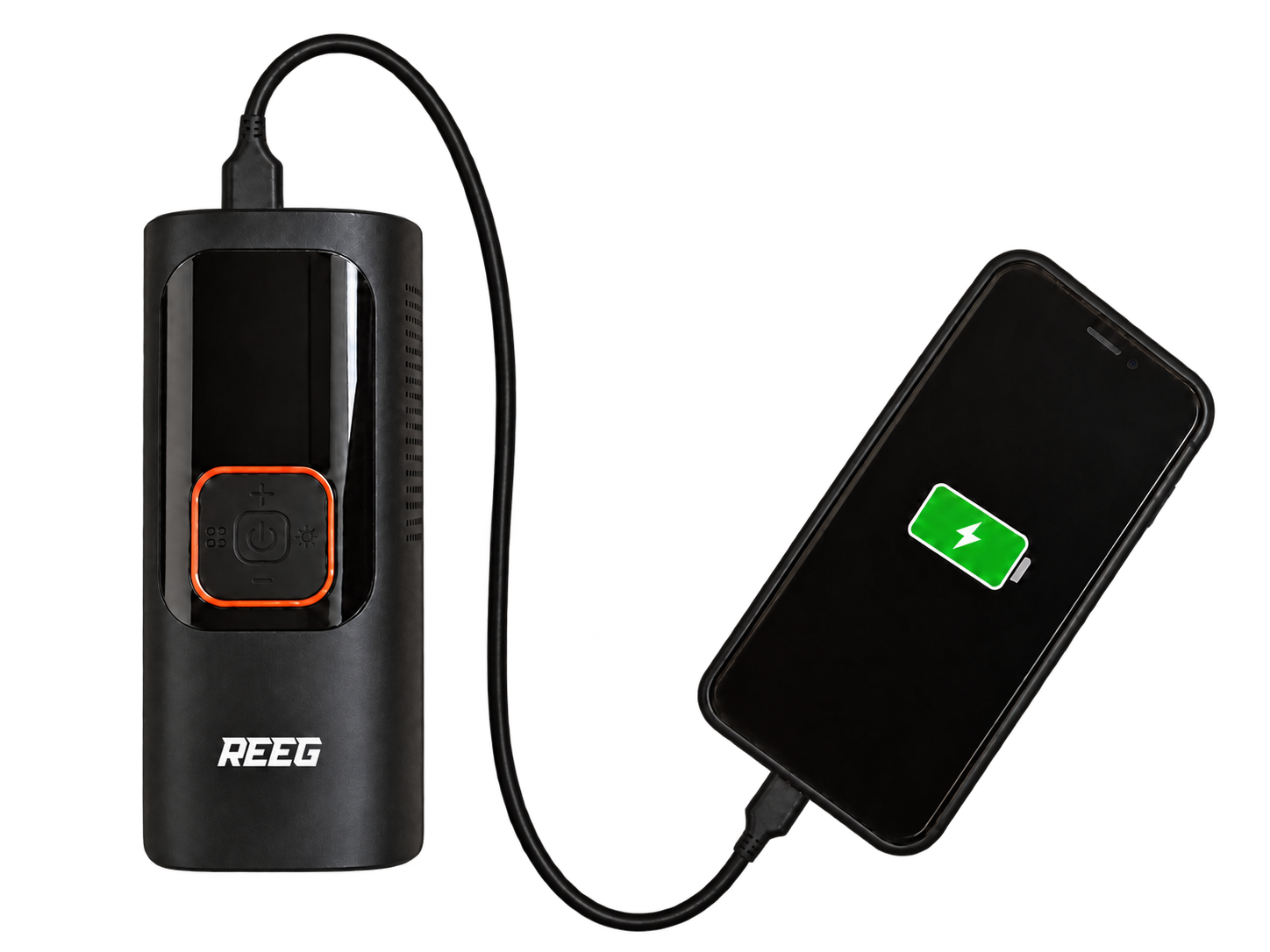 REEG Air Pump PRO i telefon połączone przewodem USB, w kompozycji opartej na zdjęciu rzeczywistych urządzeń. Telefon wyświetla symbol ładowania baterii.