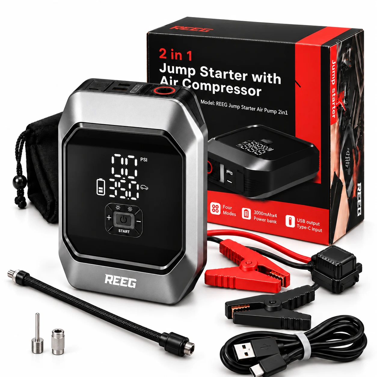 REEG Jump Starter Air Pump 2in1 – urządzenie, pudełko i komplet akcesoriów